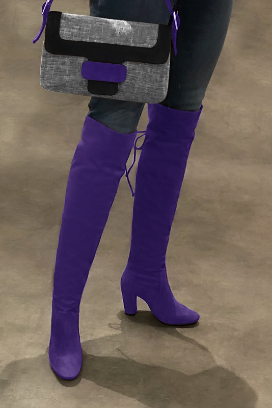 Violet purple women's leather thigh-high boots. Round toe. High block heels. Made to measure. Worn view - Florence KOOIJMAN